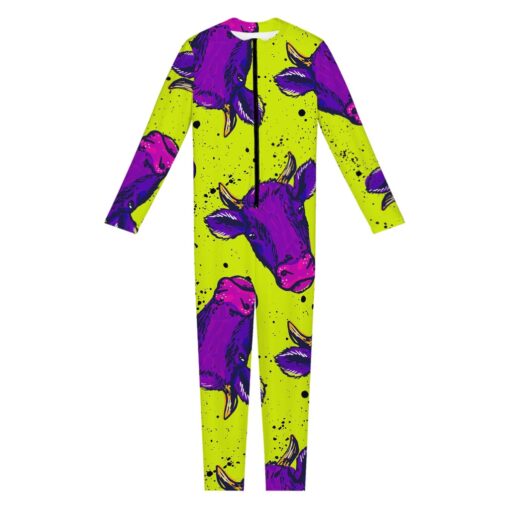 Lime Green And Purple Cow Pattern Print Women's Jumpsuit