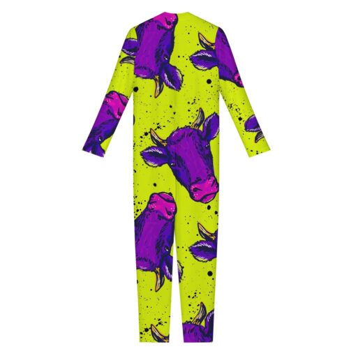 Lime Green And Purple Cow Pattern Print Women's Jumpsuit